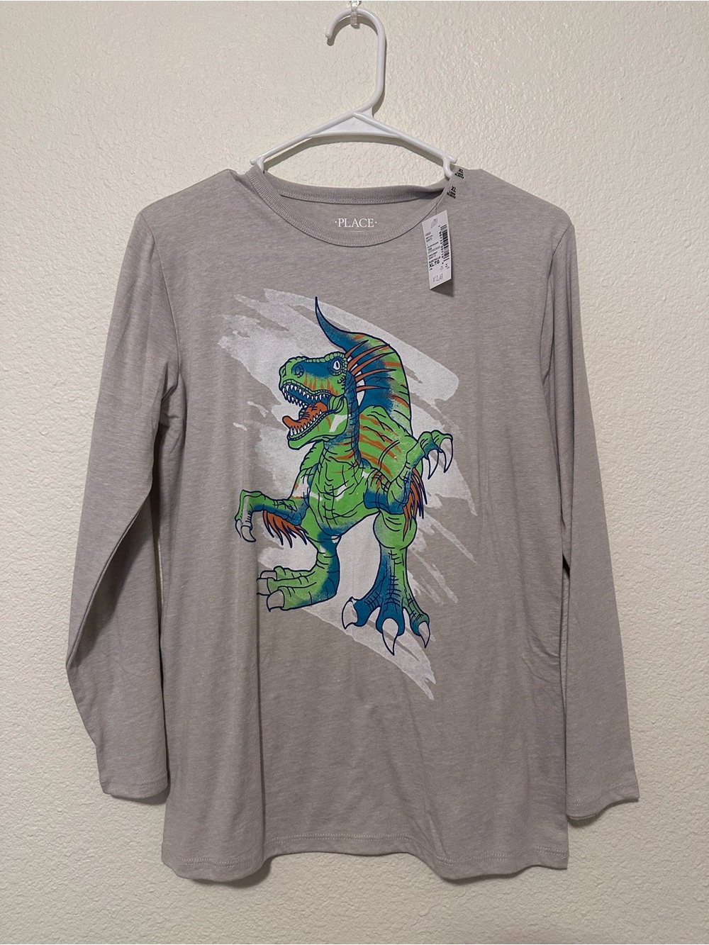 Place Gray Long-Sleeve Tee with Green & Blue Dinosaur Graphic